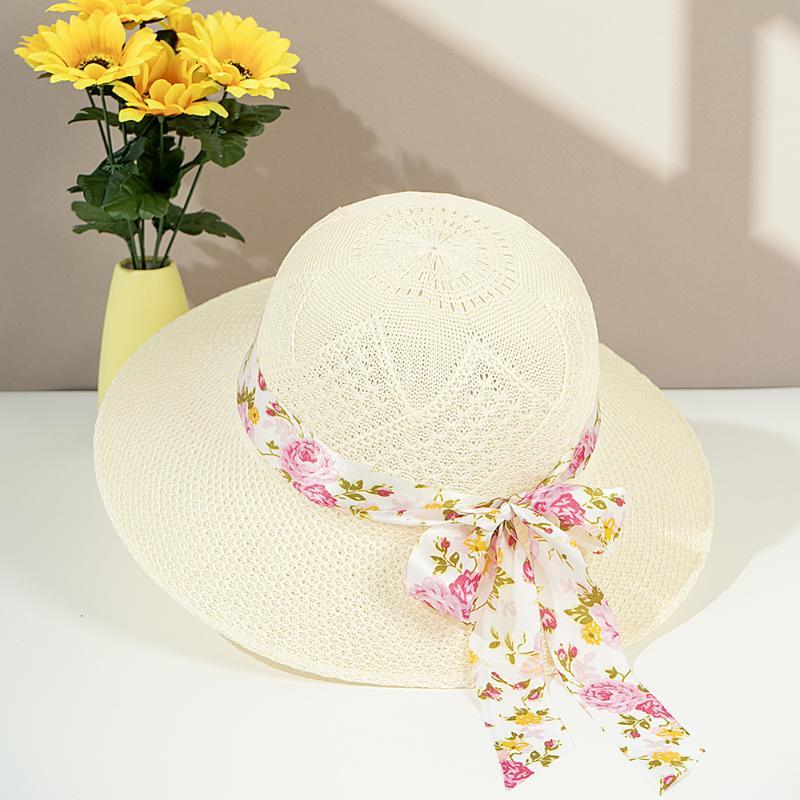 Beige Wide Brim Straw Sun Hat Foldable Polka Dot Bow Ribbon UV Protection for Summer Pool Party Travel Use