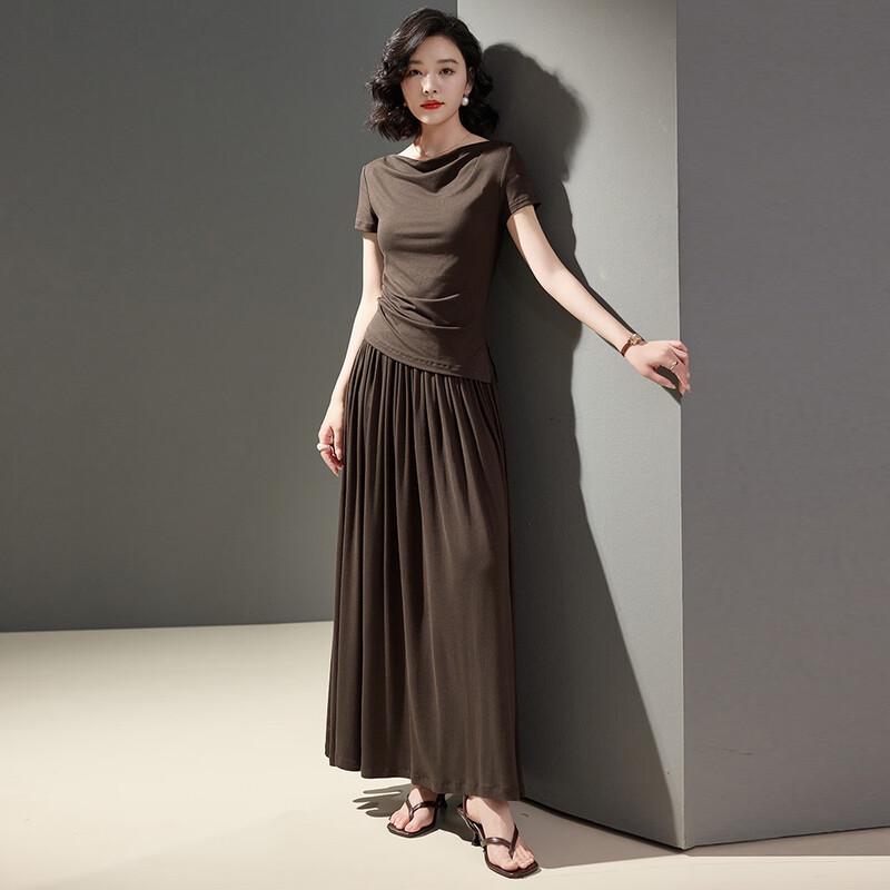 Women's Drape Collar Top and A-Line Midi Skirt Set