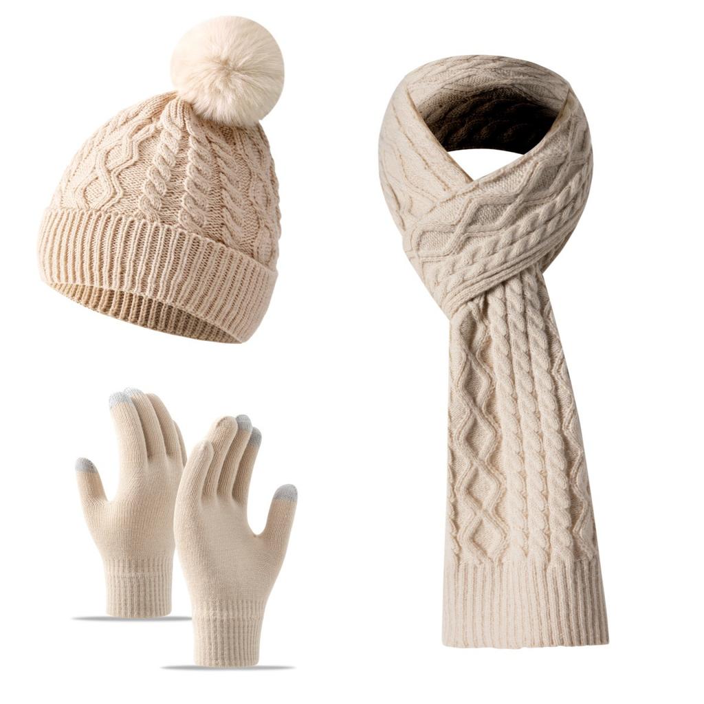Women Winter Warm 3 Piece Set Twist Knit Beanie Scarf Gloves Solid Color Ski Christmas Gift