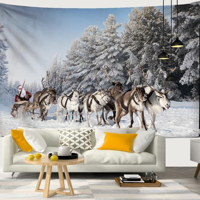Snow Christmas Tree Fireplace Santa Claus Print Tapestry Wall Hanging Background Cloth Decor Christmas Home Room Wall Decoration