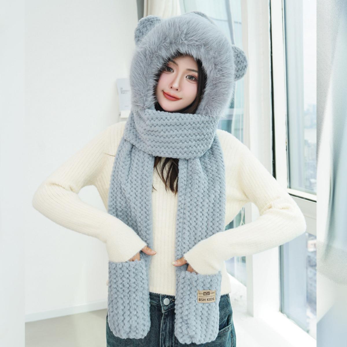 

Медвежьи ушки, Шарф, Перчатки, Набор из трех предметов, Женский, Шапка для верховой езды, Теплый, Плюшевая шапка серый