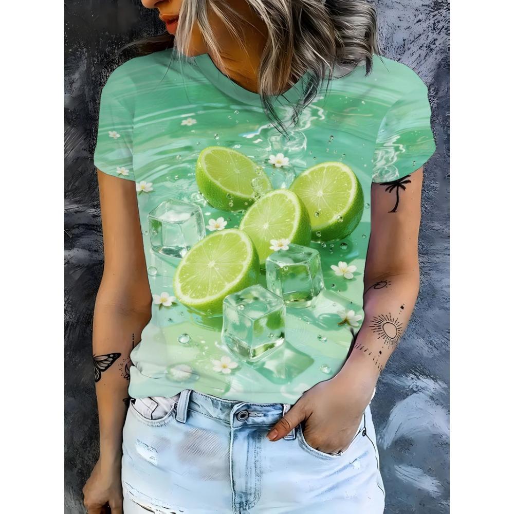 Ladies refreshing lime ice drink summer style printed short sleeved T-shirt 2XS