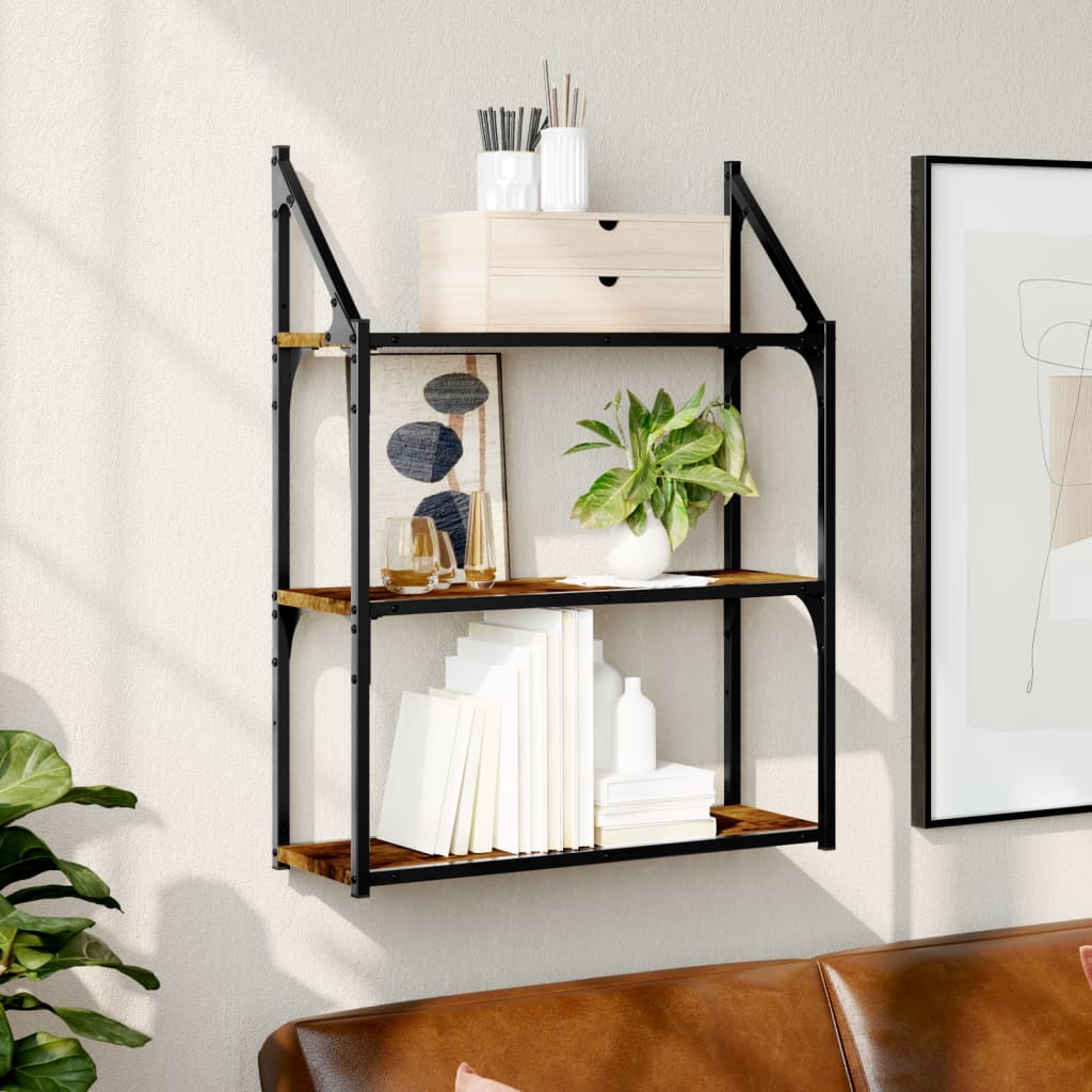 Wall Shelf with 3 Shelves Smoked Oak Finish 60 X 21 X 78.5 Cm Wood Based Material