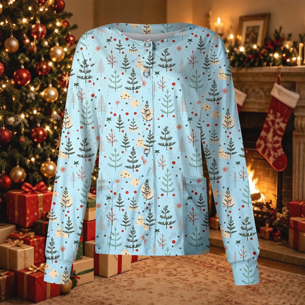 Women's Casual Christmas Print Long Sleeve Button Front Cardigan Scrub Top