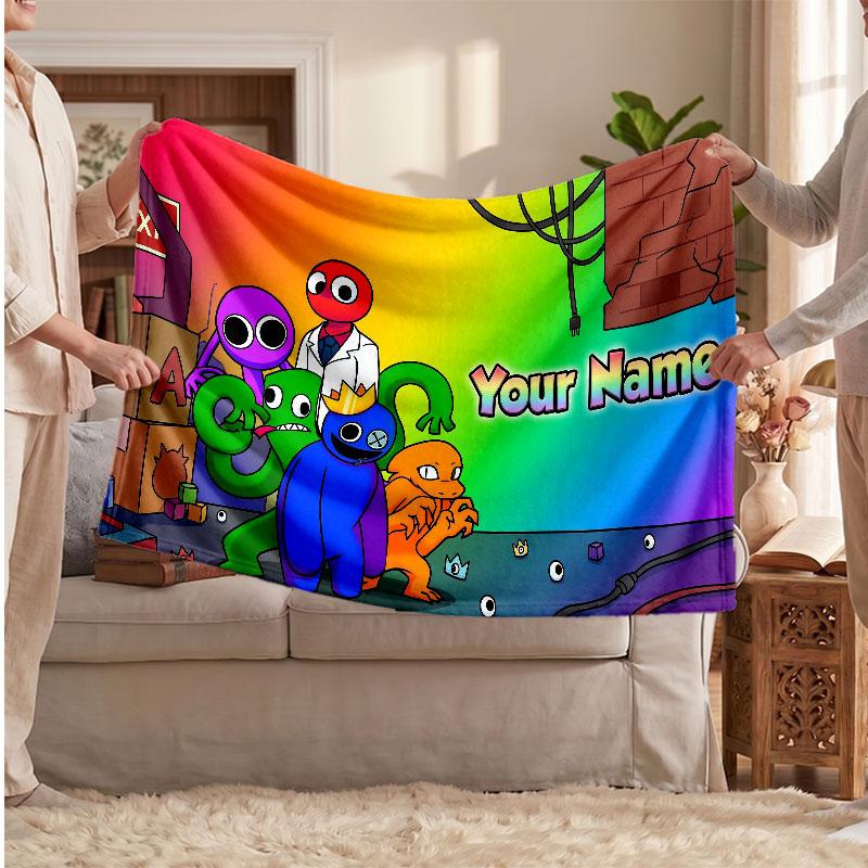 Rainbow Friends Personalized Flannel Blanket, Custom Printed Text Name, Warm Soft Blanket For Couch Bed