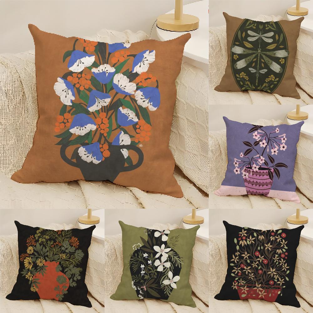 Hot Vintage Vase Print Pillow Case Natural Linen Organic Fabric Double-Sided Printing Sofa Home Decor Cushion Cover