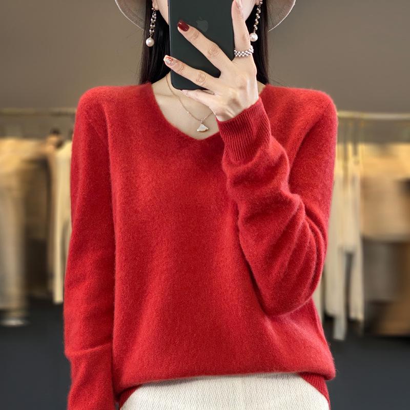 Women's V-Neck Seamless Wool Sweater - Loose, 100% Cashmere Knit for Autumn/Winter