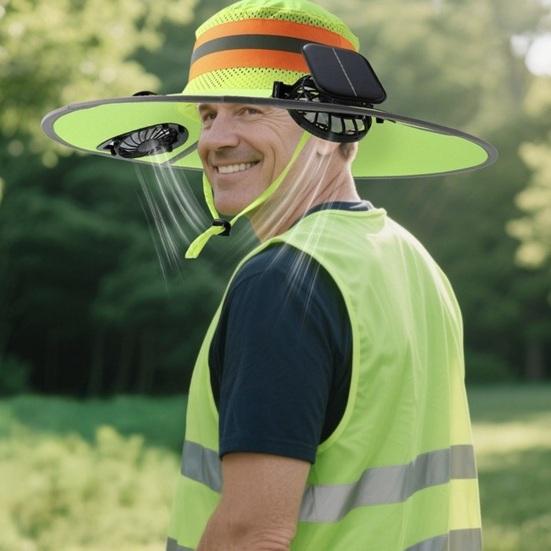 Sonnenhut mit zwei Solarlüftern Hochglänzende Reflektorstreifen Sicherheitswarnung Überdimensionierter Schirm Vollgesichts-UV-Schutz Eimerhut