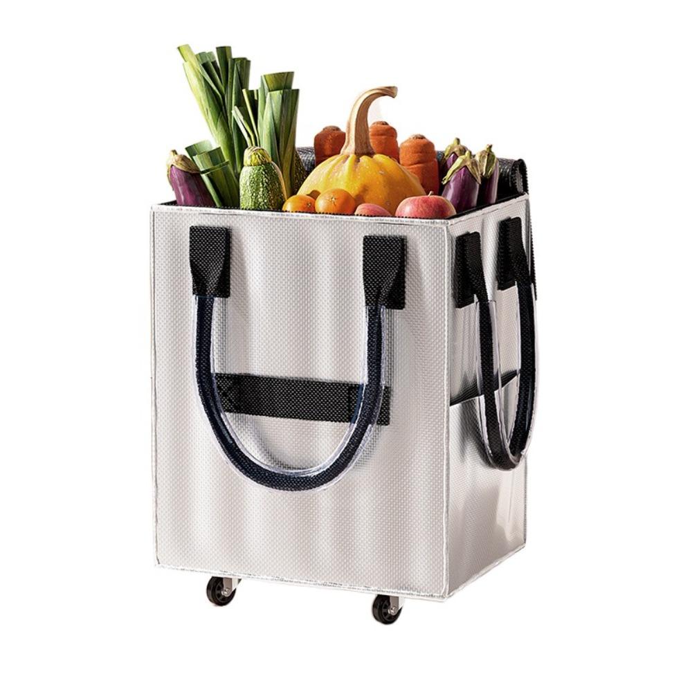 Long Handheld Roller Skating Shopping Bag Foldable Portable Shopping Trolley Zipper Closure Large Capacity Pull Cart with Wheels