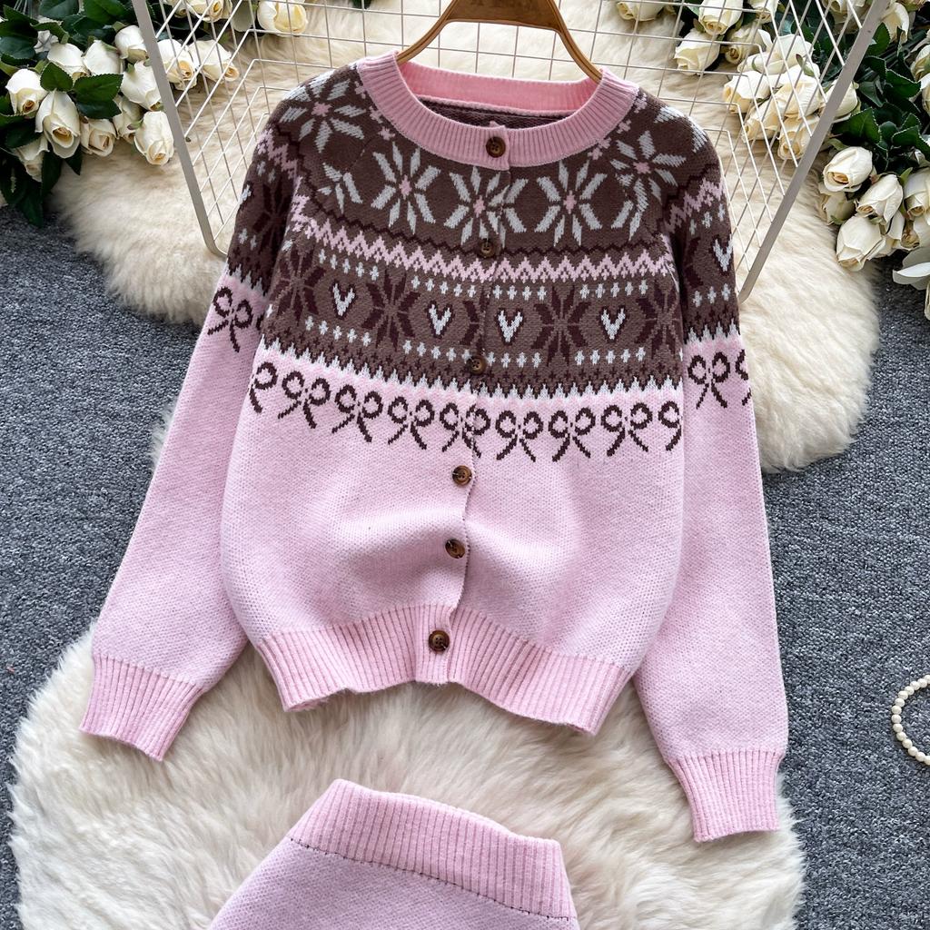 Autumn Winter Women Vintage Jacquard Knitted Sweater Two Piece Set Single Breasted Cardigans Tops and Mini Short Sheath Skirt Suit