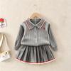 Toddler Girls 2Pcs Knit Outfit 2026 Autumn Winter Preppy Style Lapel Cable Knit Cardigan Pleated Skirt Set Baby Girl Heart Embroidery Clothes