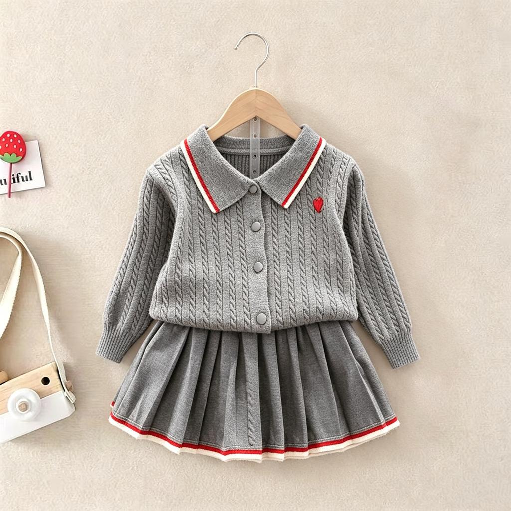 Toddler Girls 2Pcs Knit Outfit 2026 Autumn Winter Preppy Style Lapel Cable Knit Cardigan Pleated Skirt Set Baby Girl Heart Embroidery Clothes