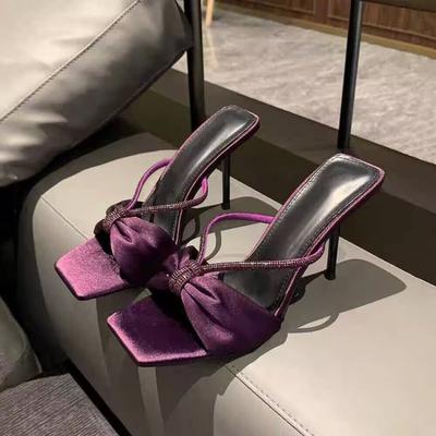 New Style Shoes Water Diamond Flip-flops High Heels Thin Straps Square Heads Exposed Toes One Line