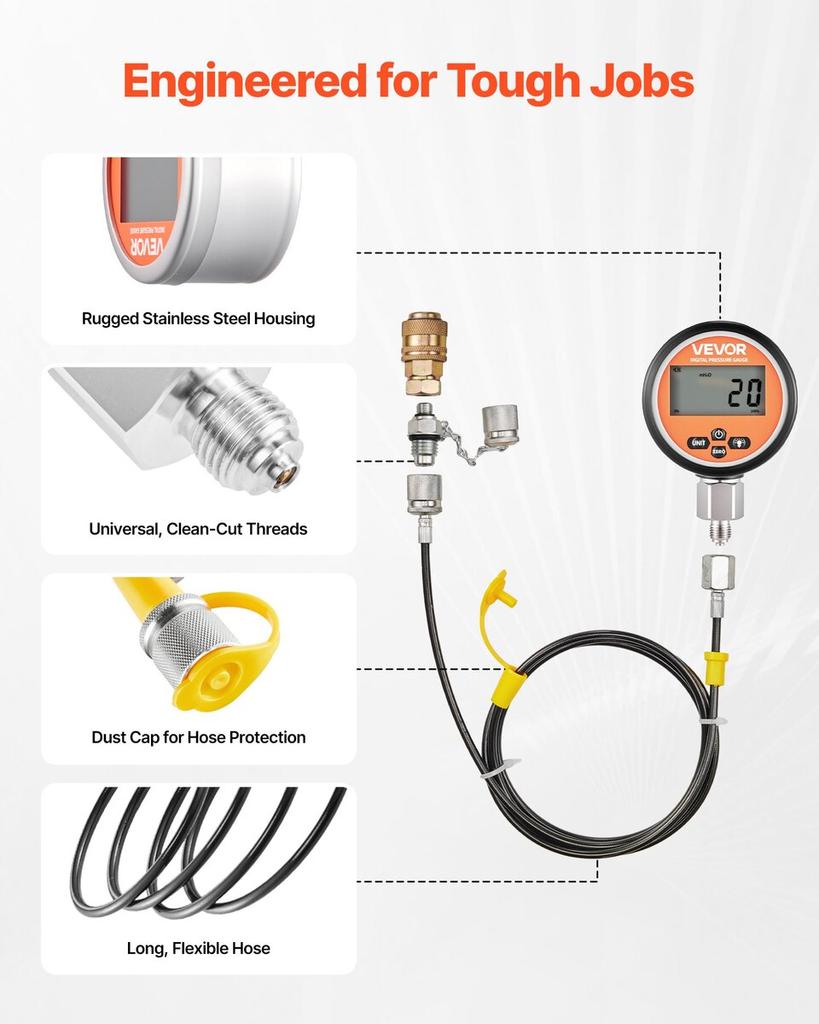 Digital Hydraulic Pressure Test Coupling Kit, 700 Bar Pressure Gauge Manometer Tester with 2 Gauges, 9 Test Couplings, 2 Quick-Release Couplers, 2