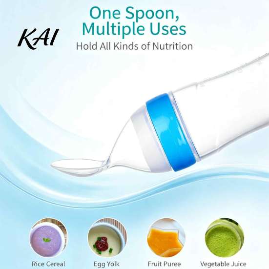BPA Free Food Grade Silicone Baby Squeeze Spoon, Single-handed Rice Cereal Bottle with Feeder Flow Control, Easy Clean Dispensing Spoon