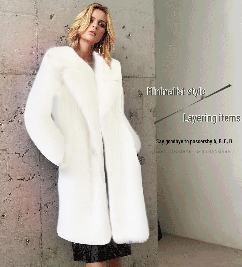 European & American Women's Winter Faux Fur Long Coat with Suit Collar