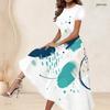 Women Plus Size Round Neck Short Sleeve Tie Dye Printed Blue White A Line Long Dress