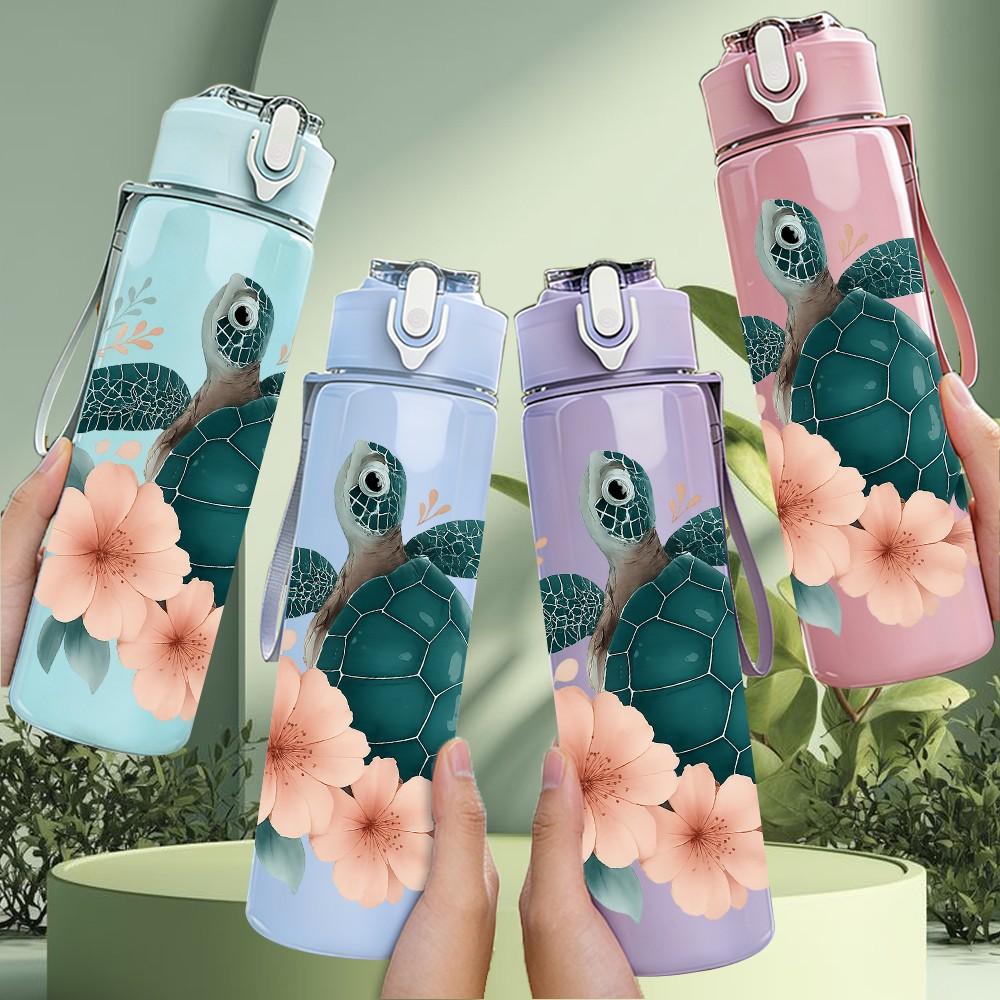 1 Stück Florales Meeresschildkröten-Print 750ml Farbe Kunststoff Sport-Wasserflasche Auslaufsicher Klappdeckel mit Strohhalm Geeignet für Sport Büro Heimgebrauch