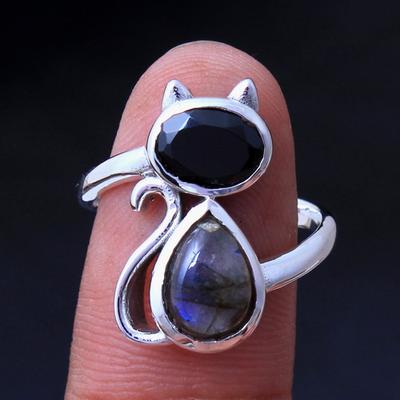 Δαχτυλίδι Γάτας, Δαχτυλίδι Μαύρου Όνυχα, Χειροποίητα Κοσμήματα από Ασήμι 925, Ασημένιο Δαχτυλίδι Ζωικό Κόσμημα