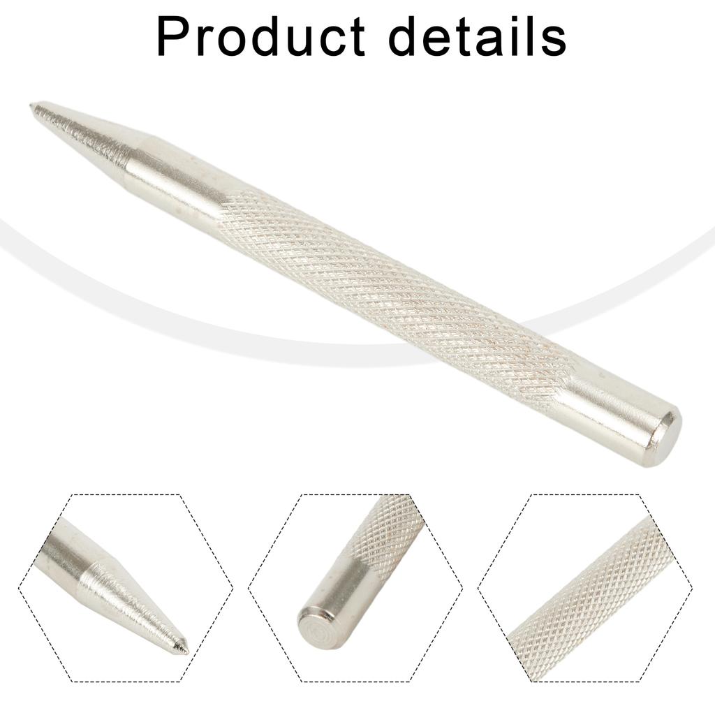 Knurled center punch tool made of hardened carbon steel for creating precise dots and marks on metal workpieces before drilling