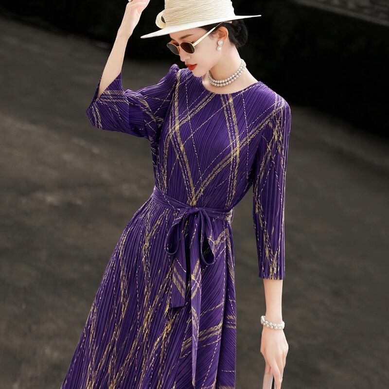 Lanseer 2026 Summer French Elegant Belted Pleated Print A-line Dress