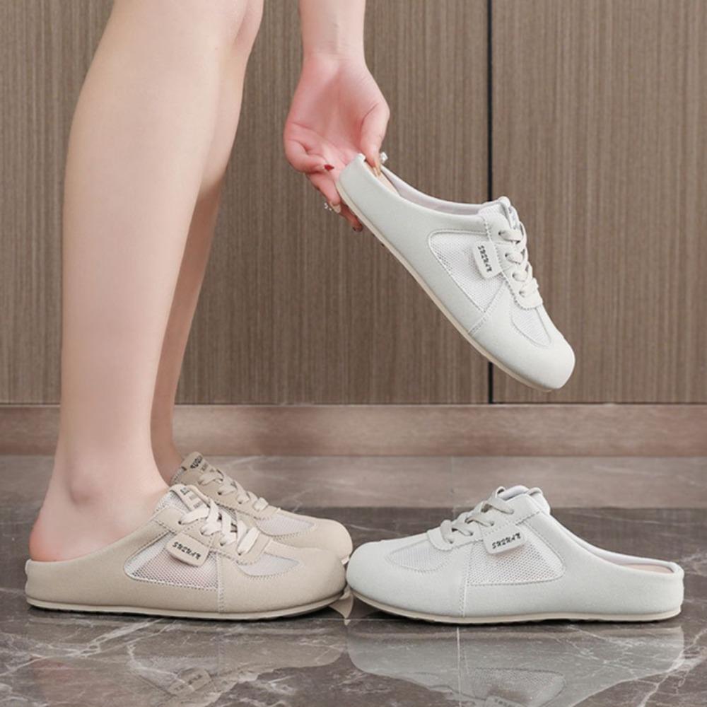 Women's Mesh Casual Shoes Half Slipper Women's Mesh Sandals Summer Mesh Fabric Women's Shoes Versatile Flat Shoes Woman Slippers