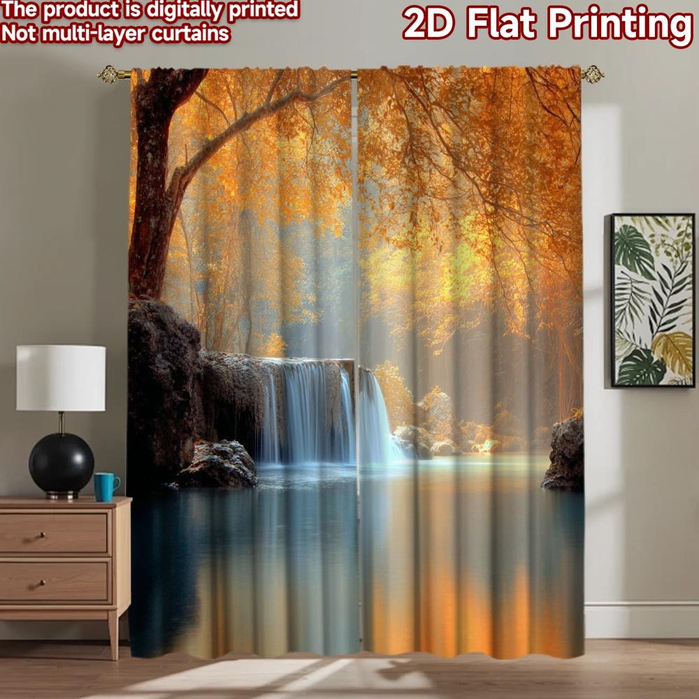 2D Flat Printing 2pcs Party Curtain Autumn Forest Waterfall Nature Digital Printed Polyester Drapes Family Party Decoration Use