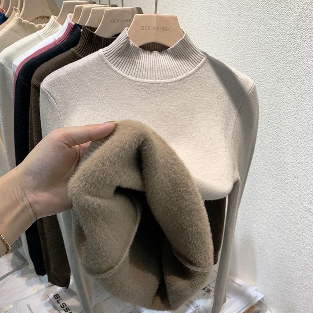 One Piece Velvet High Neck Sweater with Thickened Velvet for Women, Autumn and Winter New Warm Long Sleeved Base Sweater
