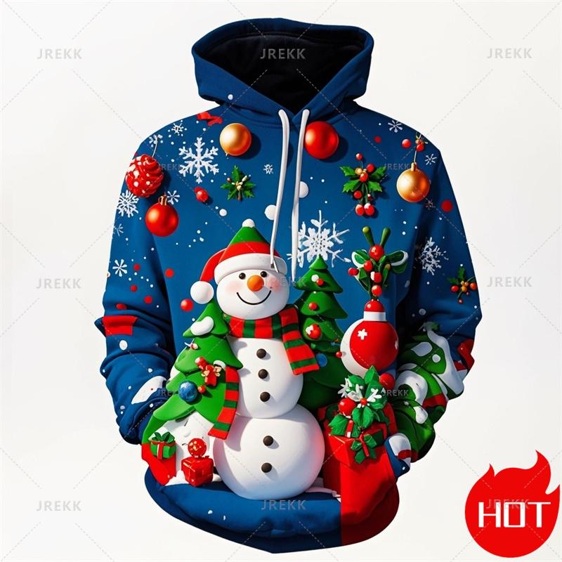 Fashion New 3D Happy Christmas Printing In Hoodies Sweatshirts Cute Snowmen Christmas Ornament Graphic Pullovers Clothing