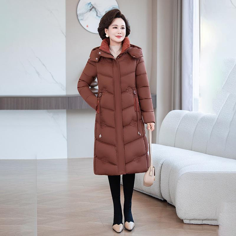 Middle-aged and Elderly Thickened Long Padded Jacket Women, Hooded Windproof Padded Jacket, Simple Solid Color Mother Winter Coat