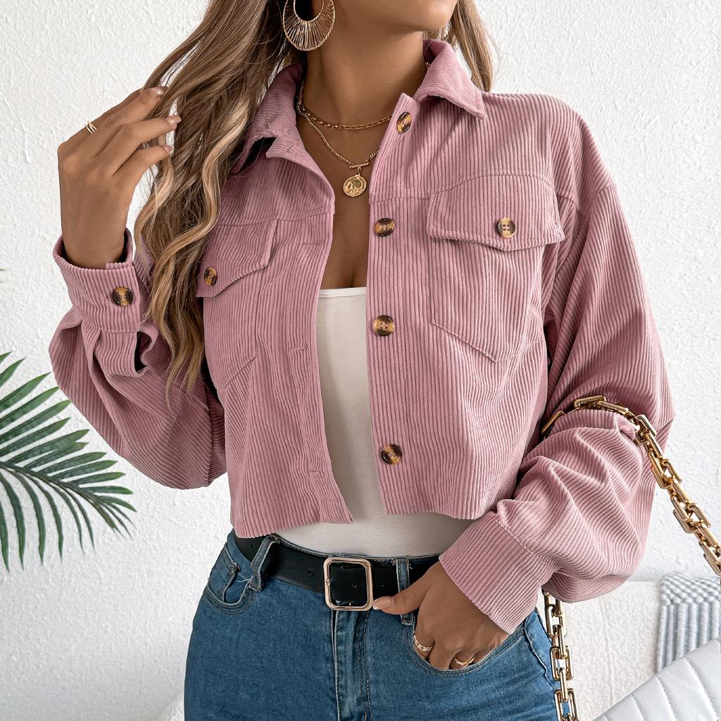 Women Spring Autumn Casual Long Sleeve Lapel Solid Color Pocket Corduroy Jacket Coat