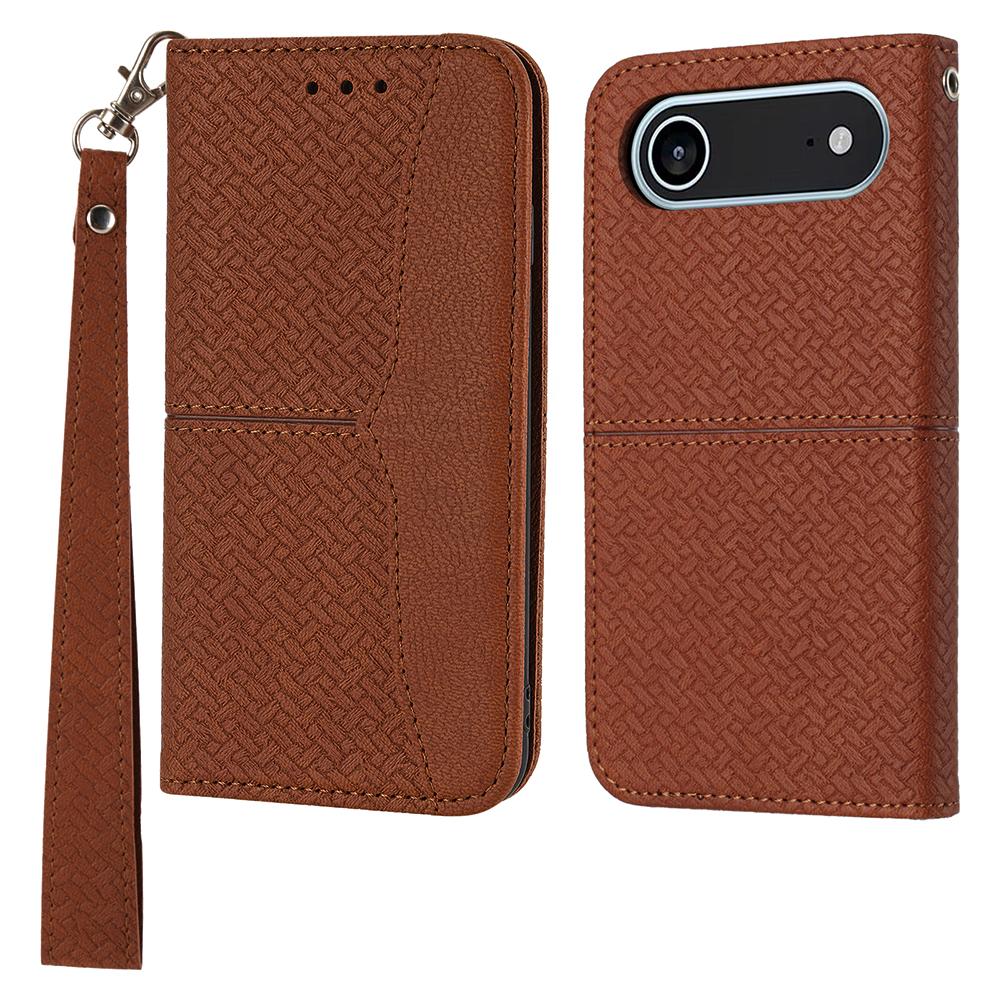 

For iPhone 17 Air Case Woven Texture PU Leather Wallet Phone Cover with Wrist Strap Brown