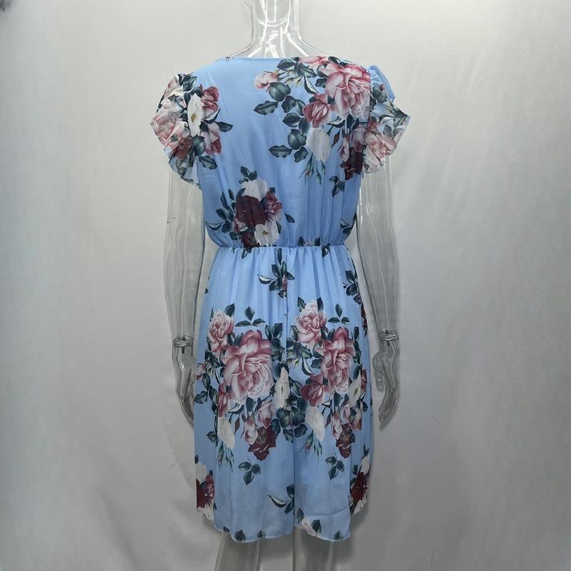 IHUASU Summer Holiday Style Ruffle Short Sleeve Chiffon Printed Rose Dress
