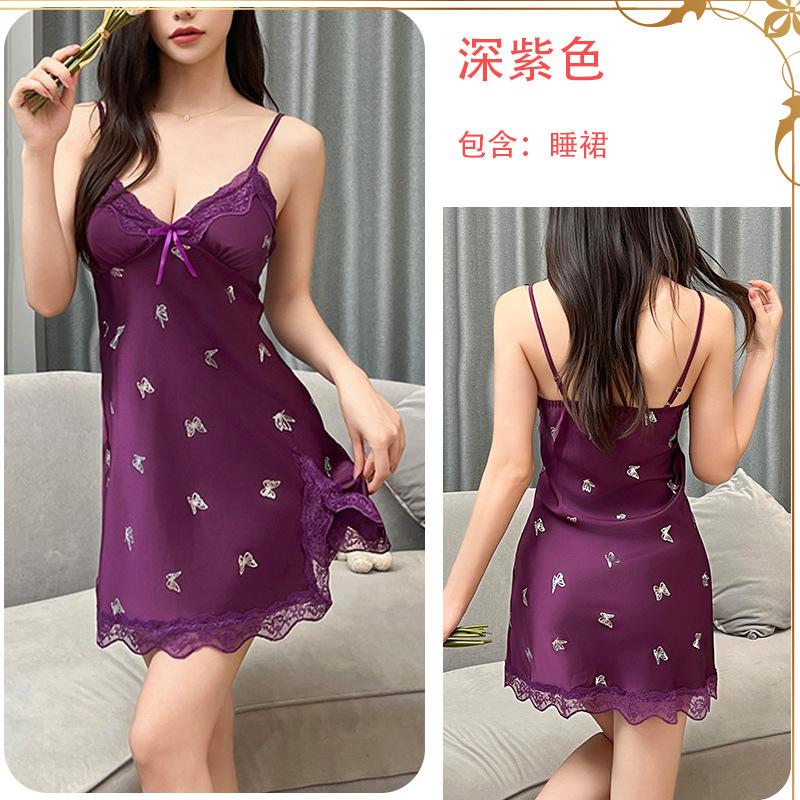 Ice Silk Pajamas Female Butterfly Print Suspender Chest Pad Comfortable Nightdress Fairy Loungewear Set