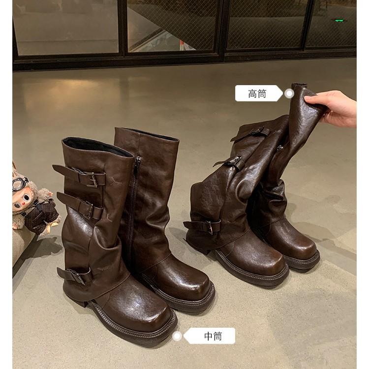 Grape mother studiolee boots long boots for women 2025 autumn and winter new square head fashionable belt buckle boots for women
