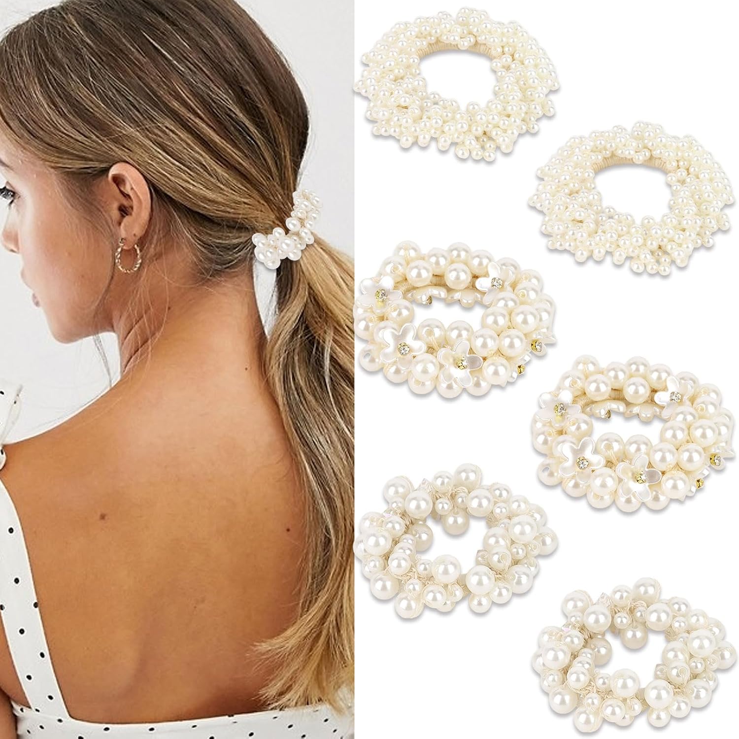 6 Pcs Pearl Hair Scrunchies Fashey Beaded Hair Ties Decorative Flower Ponytail Holder for Women Girls Pack of 6
