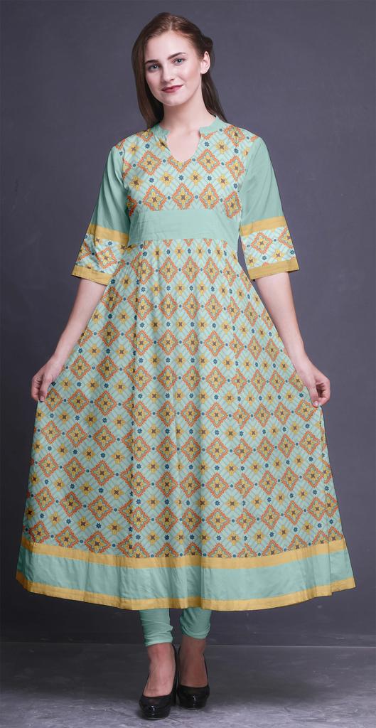 Bimba Gold Leaves & Peony Floral Printed Womens AnarkaliA  KurtiA  Kurta Flared Maxi Blouse