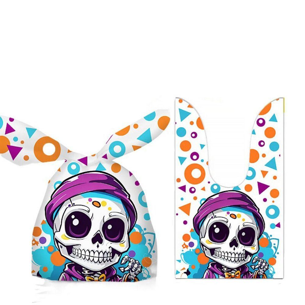 50pcs/bag Pumpkin Cat Ghost Printed Halloween Candy Bag Rabbit Ear Plastic Bag  Halloween Party