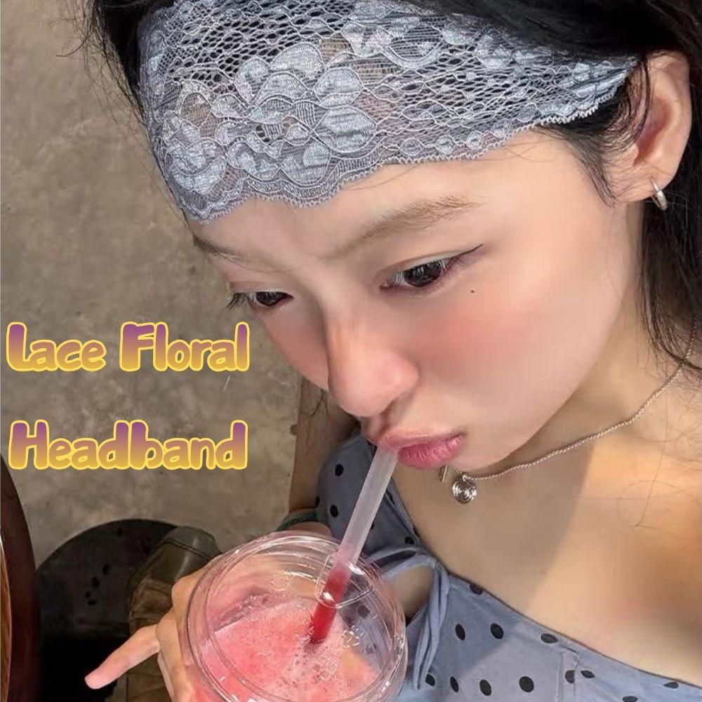 Korean Lace Floral Headbands Sweet Wide Lace Trim Hairband Solid Color Wide Hollow-Out Lightweight Headwrap Elastic Hair Bands