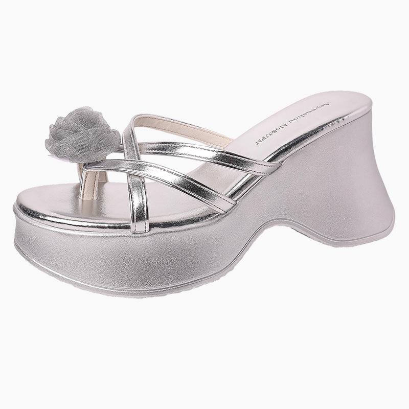 Fashion flower pearl toe cool slippers women's summer new temperament celebrity one word muffin bottom slope slippers