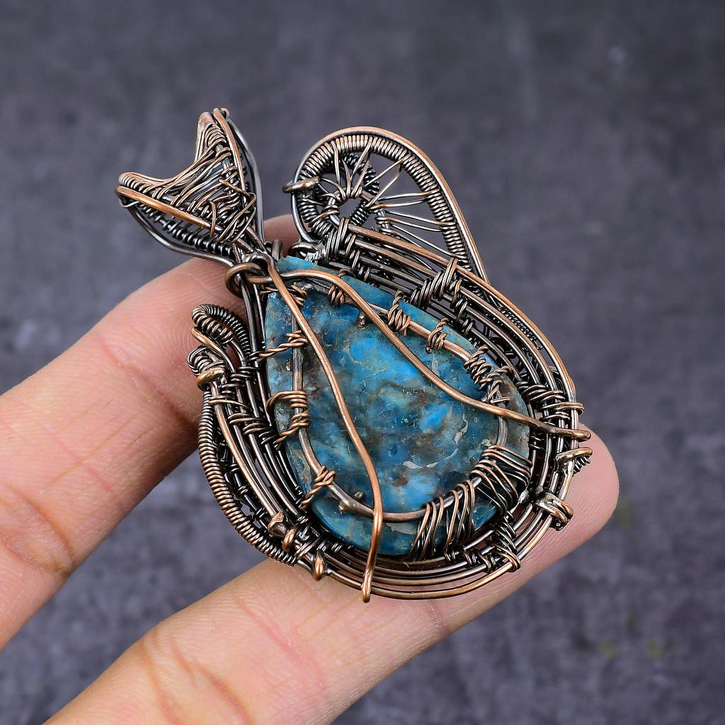 Neon Blue Apatite Handmade Copper Wire Wrap Tree Of Life Pendant 2.64" K3w48