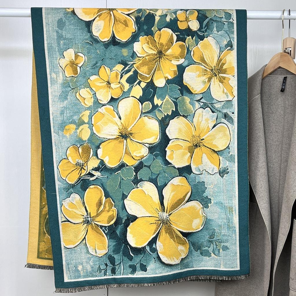 Autumn and winter national style plants and flowers new landscape painting elegant women imitation cashmere warm scarf fashion retro shawl