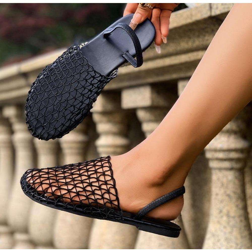Women Summer Thin Band Braid Mesh Sandals Hollow Two Ways To Wear Slides Women Comfy Round Toe Flats Mules Travel Beach Slippers