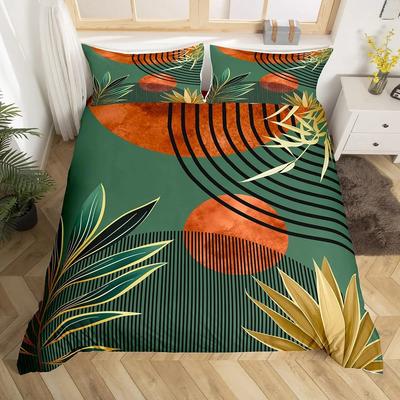 Mid Century Boho Duvet Cover Full,Abstract Art Simple Comforter Cover Minimalist Tropical Palm Leaves Bedding Set for Kids Adult