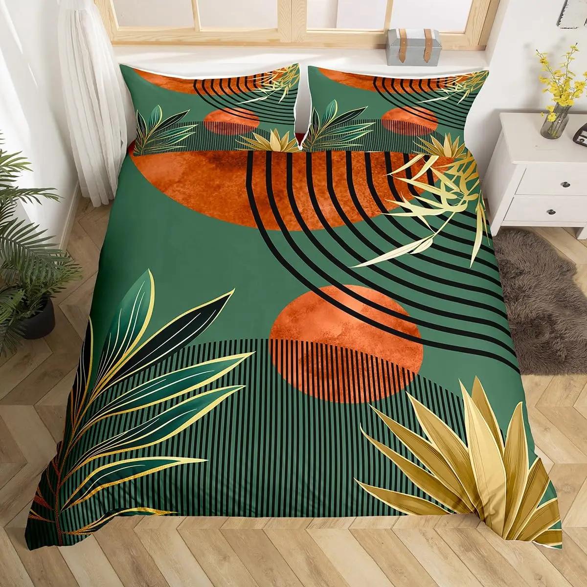 Mid Century Boho Dekbedovertrek FullAbstracte Kunst Eenvoudige Dekbedhoes Minimalistisch Tropische Palmbladeren Beddengoed Set voor Kinderen Volwassene EU Single(135*200cm)3pcs black