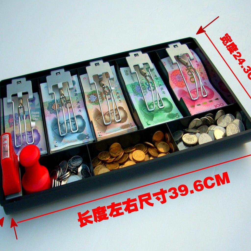 Kassenschublade mit fünf Fächern und Metallklammern