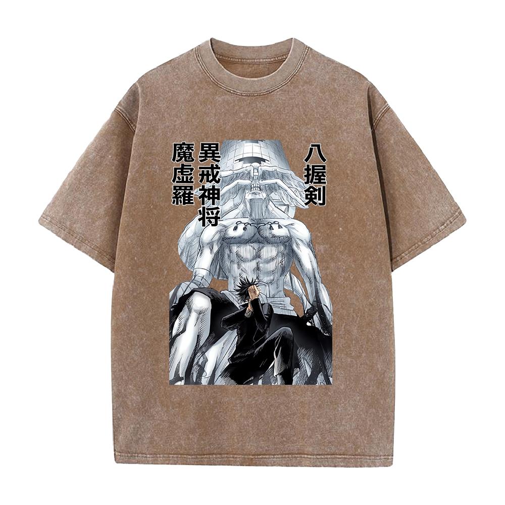 Anime Jujutsu Kaisen Fushiguro Megumi Makora Print T-shirt Men Women Tshirts Cotton Clothing Retro Washed T Shirt Harajuku Tops