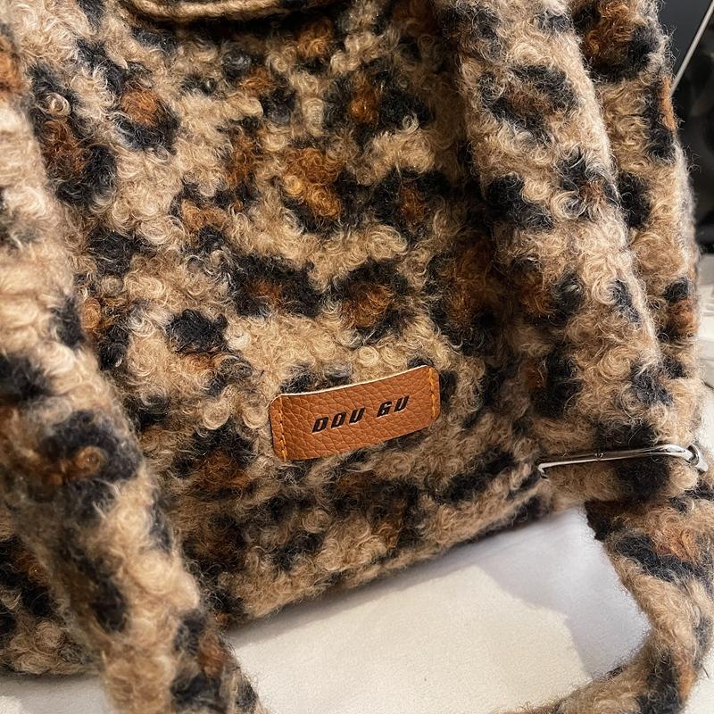 Leopard Print Fur Bag Women's Shoulder Crossbody Bag Vintage Tote Bag