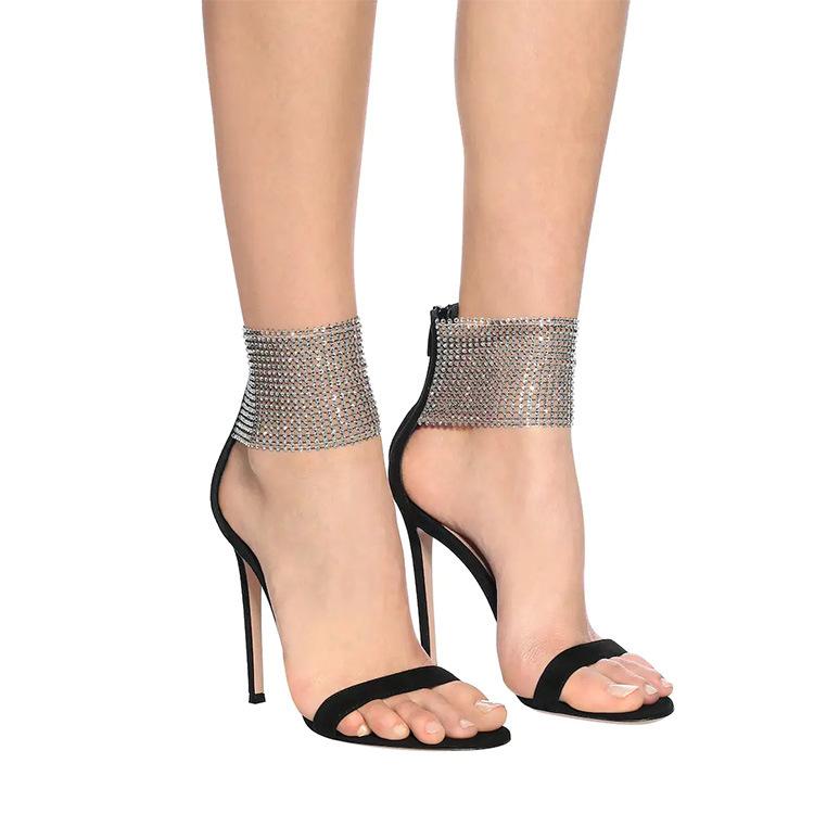 2025 New Amazon Stiletto Plus Size Women's Sandals Foreign Trade Word with Rhinestone High Heels