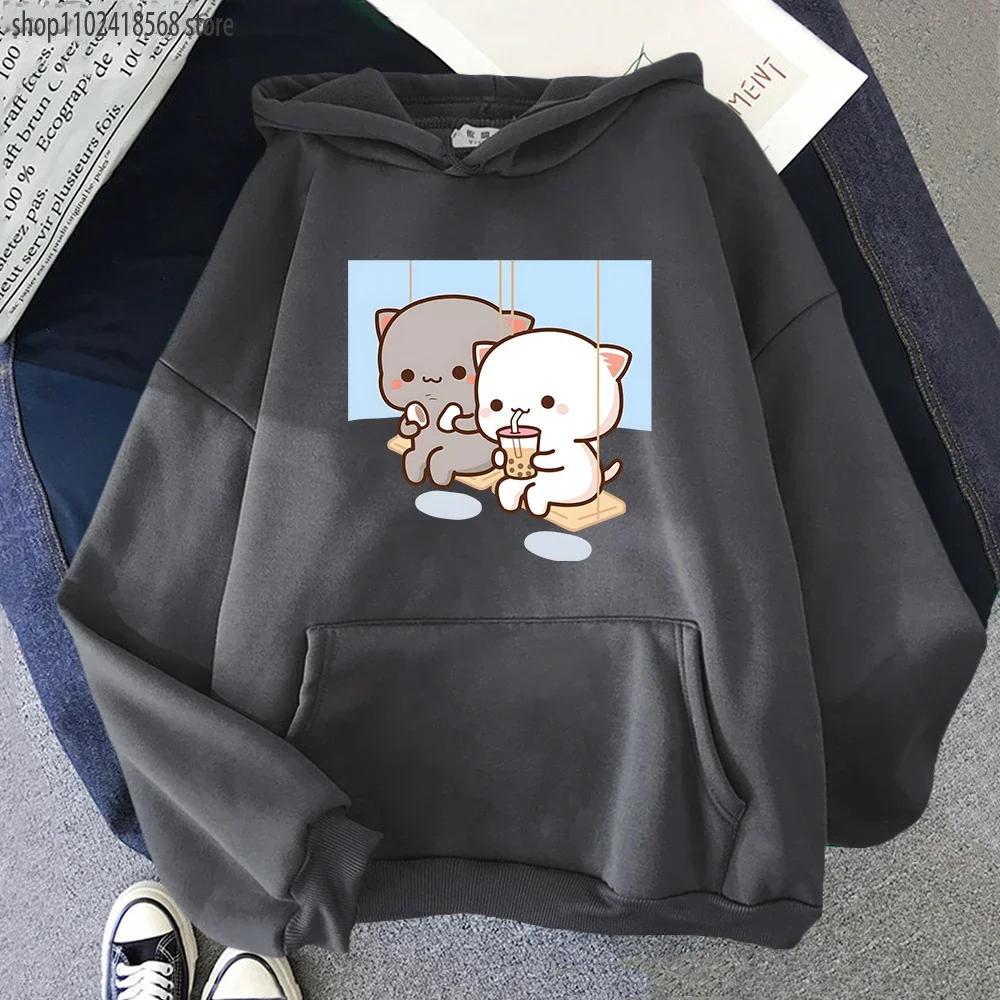Cute Peach Cat Cartoon Hoodies Bubble Tea Sweatshirt Mujer Camisetas Black Top Winter Kawaii Graphic Long Sleeve Clothing